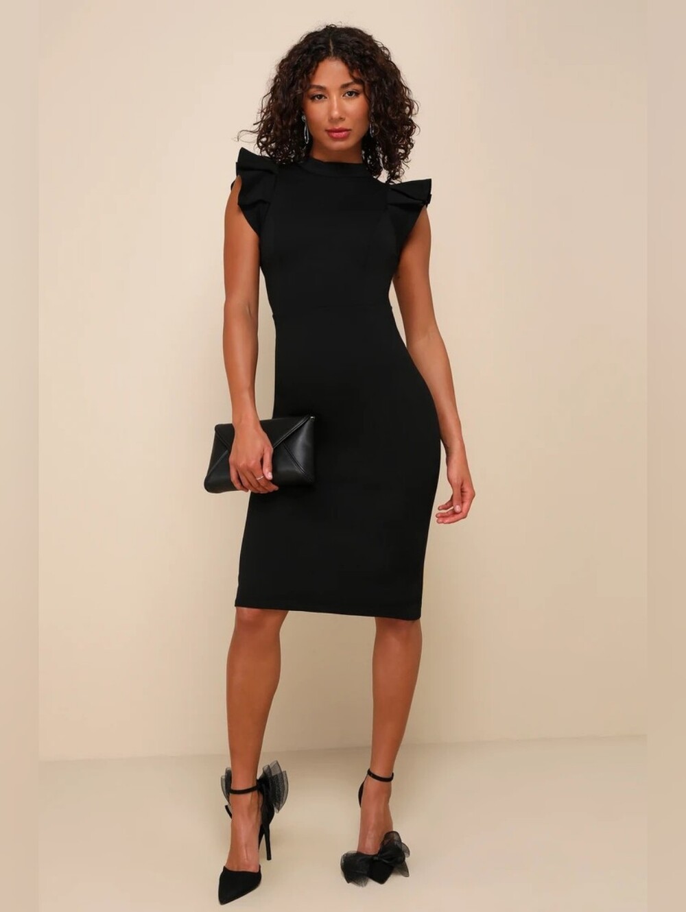 NWT Lulus Stylish Splendor Black Backless Ruffle Bodycon Midi Dress